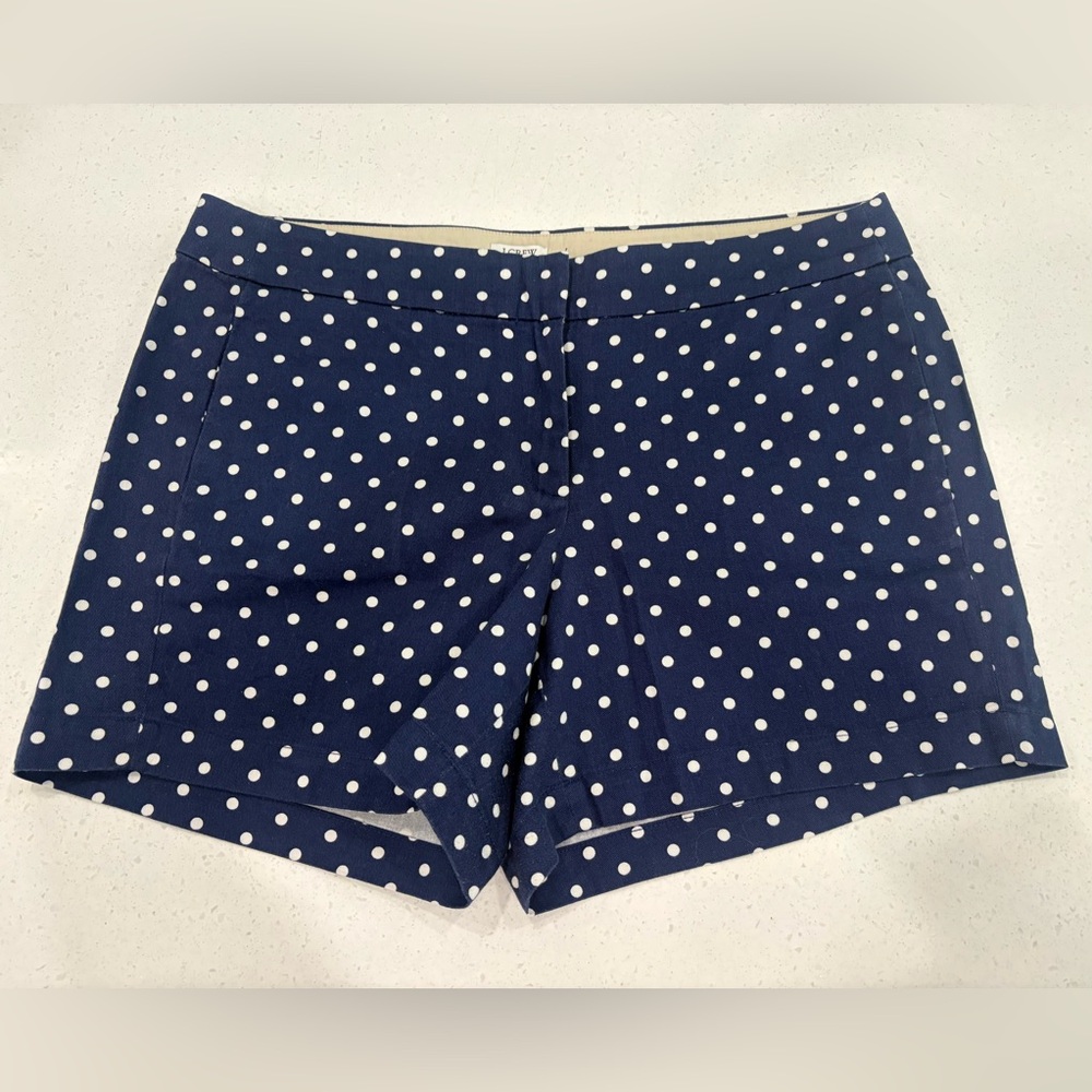 J Crew Womens Cotton Twill Navy Blue Polka Dot Chino Tailored Shorts Like New!